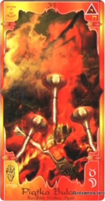 Five of Wands (Piątka Buław) card from the Soul Mandala Tarot deck