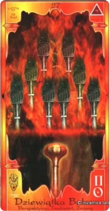 Nine of Wands (Dziewiątka Buław) card from the Soul Mandala Tarot deck