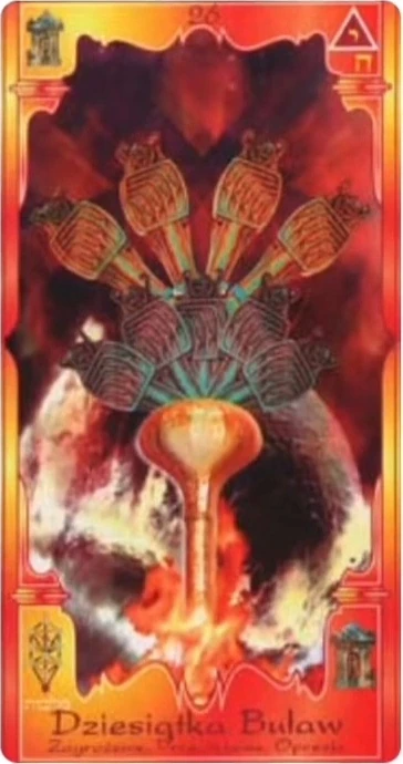 Ten of Wands (Dziesiątka Buław) card from the Soul Mandala Tarot deck