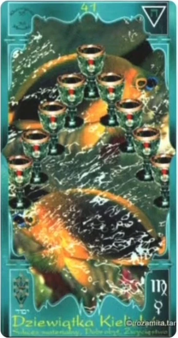 Nine of Cups (Dziewiątka Kielichów) card from the Soul Mandala Tarot deck