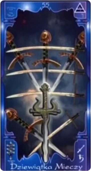 Nine of Swords (Dziewiątka Mieczy) card from the Soul Mandala Tarot deck