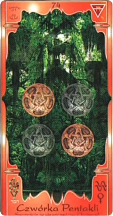 Four of Pentacles (Czwórka Pentakli) card from the Soul Mandala Tarot deck