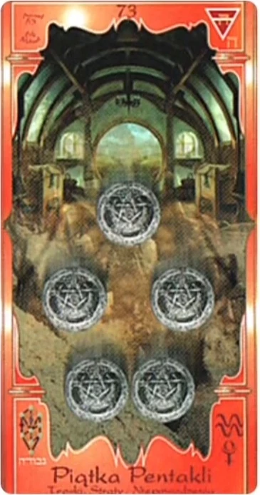 Five of Pentacles (Piątka Pentakli) card from the Soul Mandala Tarot deck