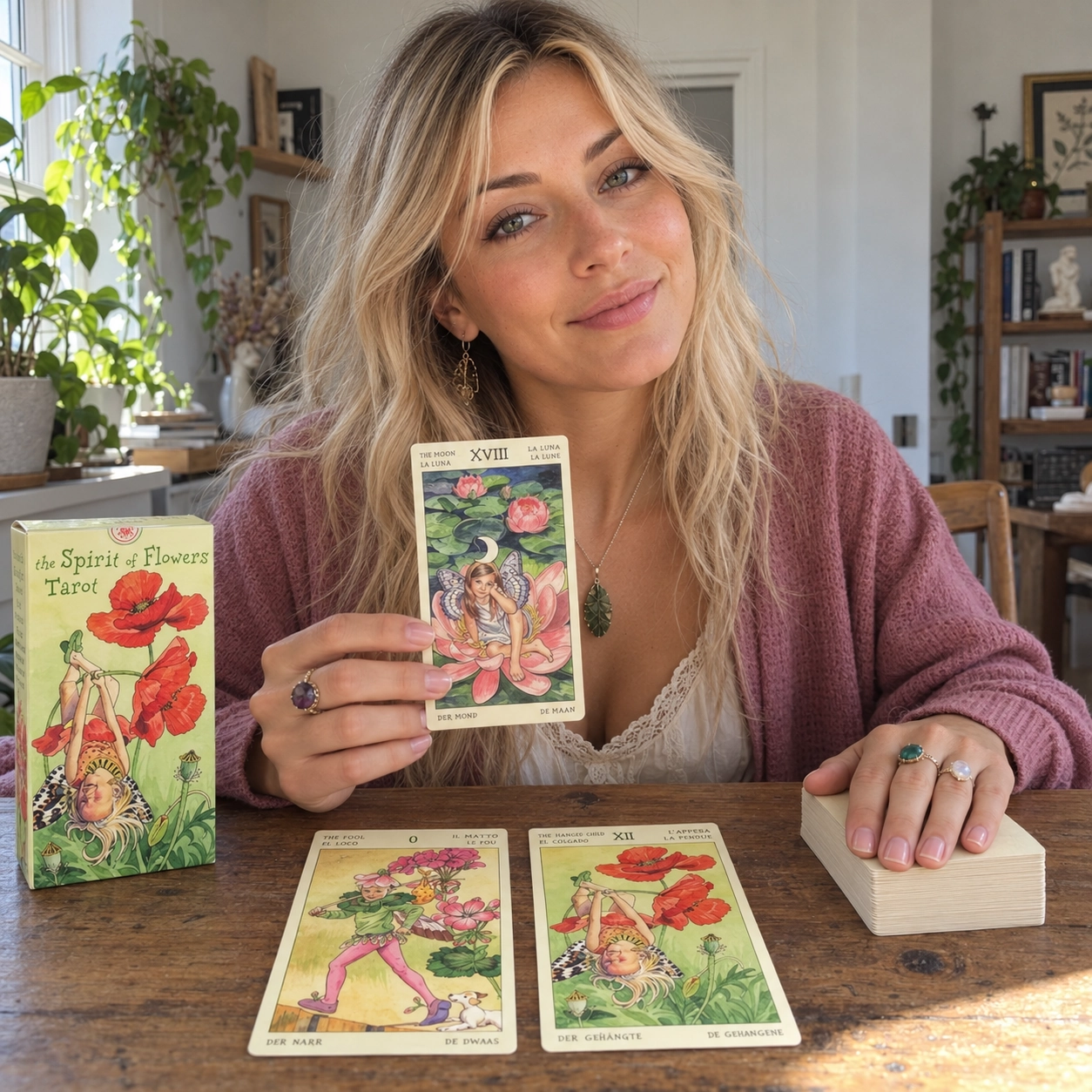 Aurica presenting The Moon with the Spirit of Flowers Tarot box, The Fool and The Hanged Child spread, and a separate stacked deck