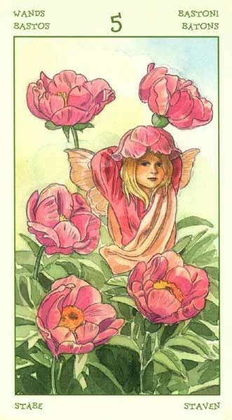 Five of Wands card from the Spirit of Flowers Tarot deck