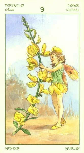 Nine of Pentacles card from the Spirit of Flowers Tarot deck