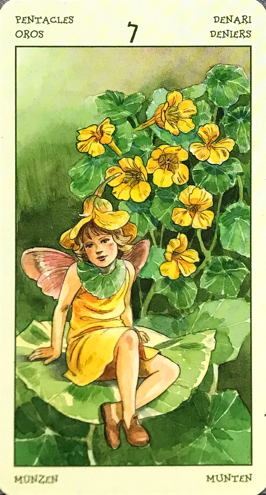Seven of Pentacles card from the Spirit of Flowers Tarot deck