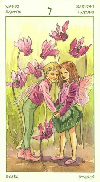 Seven of Wands card from the Spirit of Flowers Tarot deck