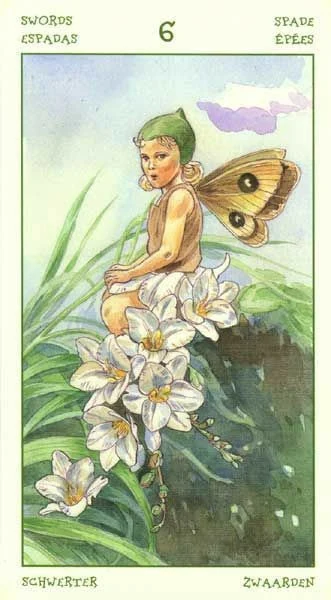 Six of Swords card from the Spirit of Flowers Tarot deck