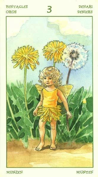 Three of Pentacles card from the Spirit of Flowers Tarot deck