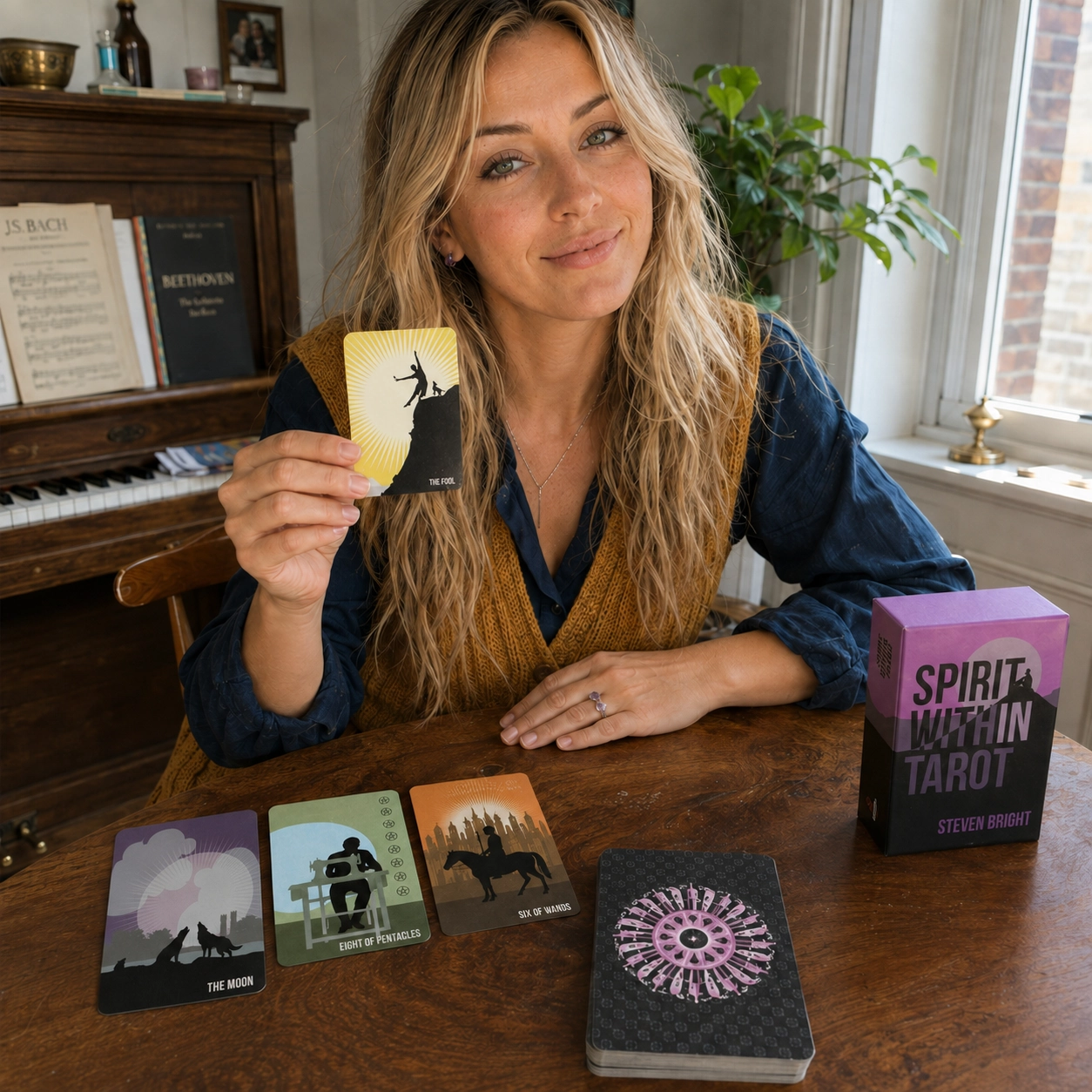 Aurica presenting The Fool from Spirit Within Tarot beside its box, three-card spread, and stacked deck