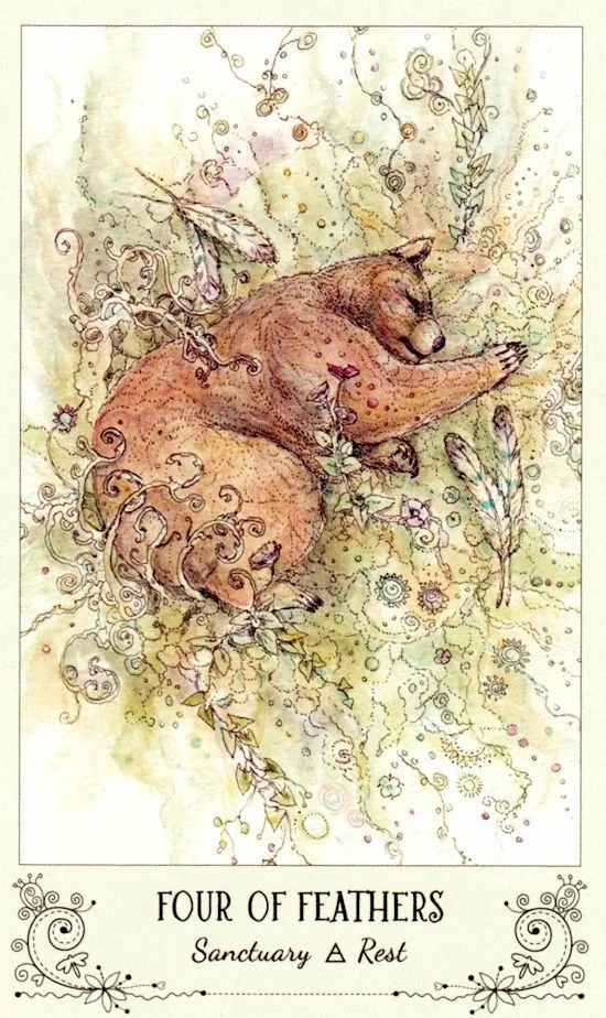 4 of Feathers card from the Spiritsong Tarot deck