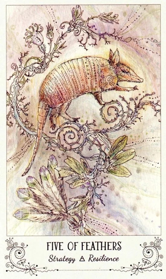5 of Feathers card from the Spiritsong Tarot deck