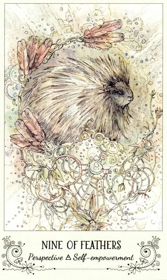 9 of Feathers card from the Spiritsong Tarot deck