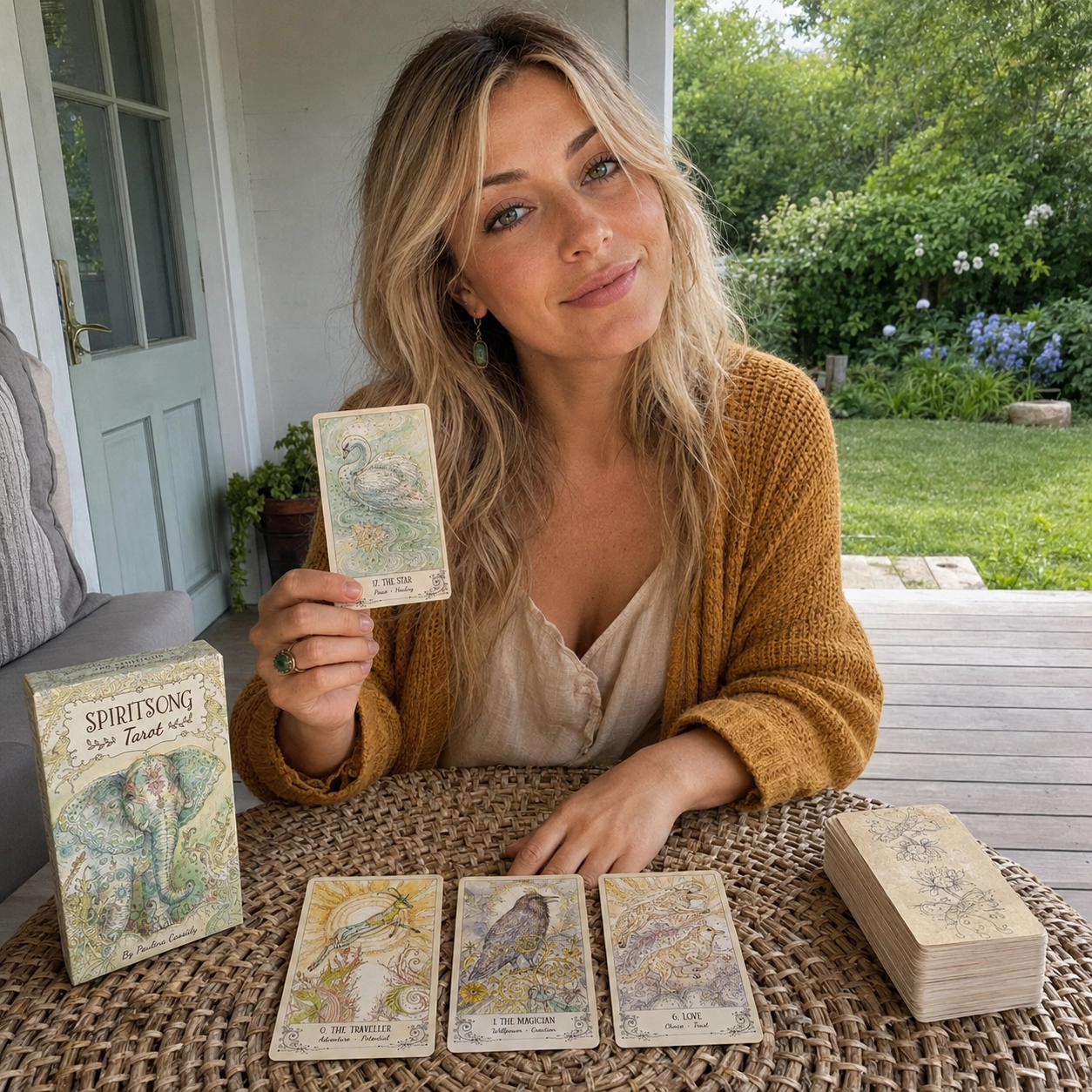 Aurica reading Spiritsong Tarot, holding The Star beside the elephant deck box, three animal cards and the stacked deck
