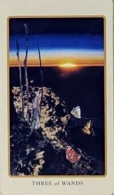 Three of Wands card from the Spolia Tarot deck