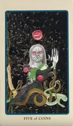 Five of Coins card from the Spolia Tarot deck