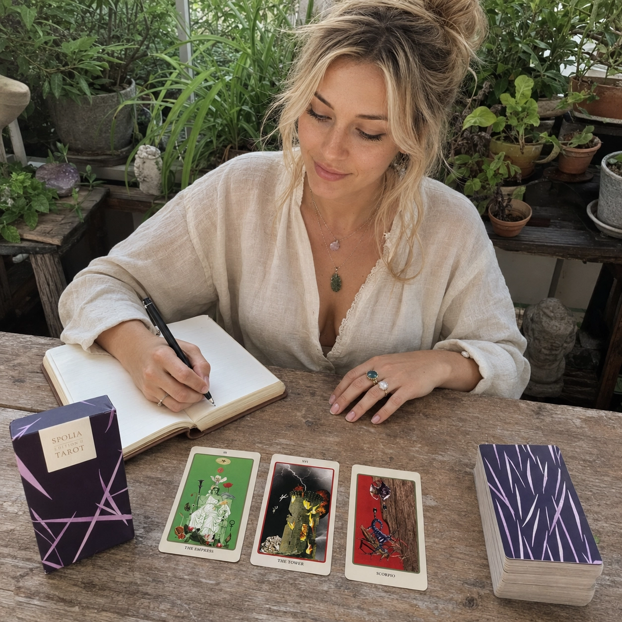 Aurica journaling with Spolia Tarot beside The Empress, The Tower and Scorpio, the Edition II box and stacked deck