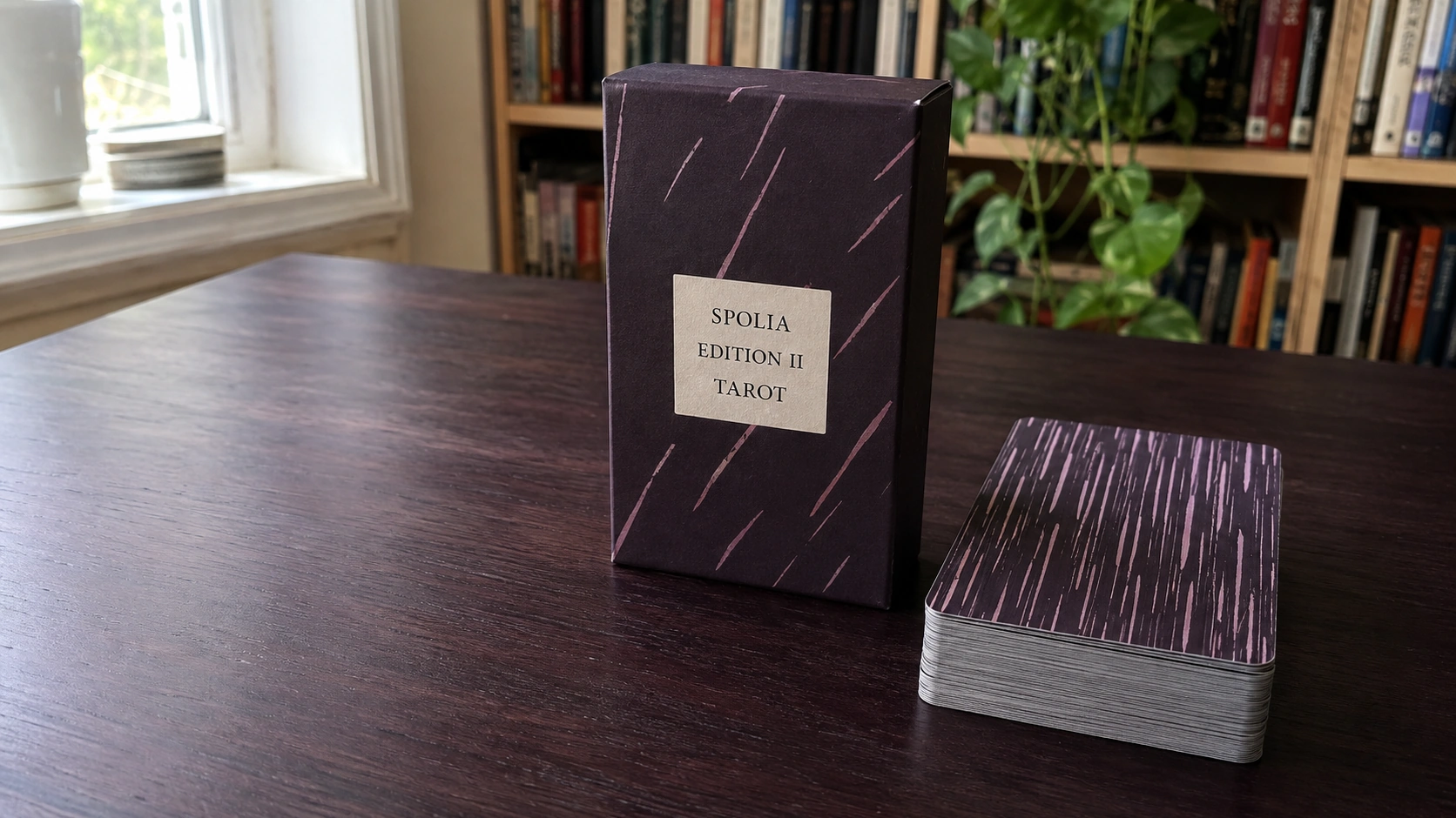 Generated reading-room product scene based on the Spolia Tarot Edition II Deck by Jen May and Jessa Crispin