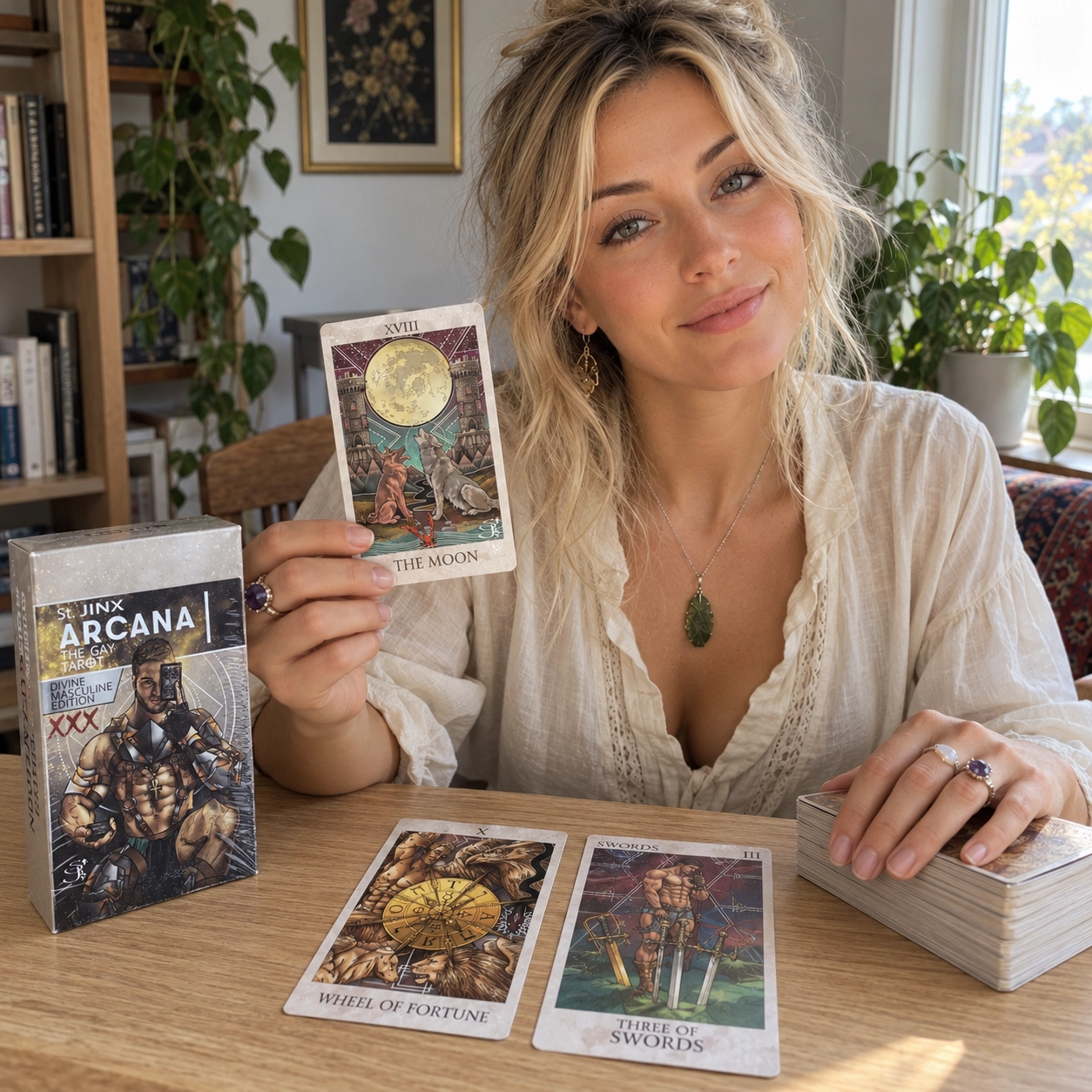 AI-generated editorial scene of Aurica presenting the archived St. Jinx Moon card beside two face-up archive cards, a separate stacked deck with its backing hidden, and the supplied white Divine Masculine Edition XXX box; editions differ