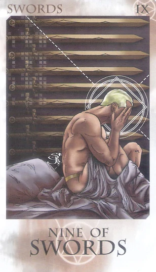 Nine of Swords card from the St. Jinx Tarot (St. Jinx Arcana) deck
