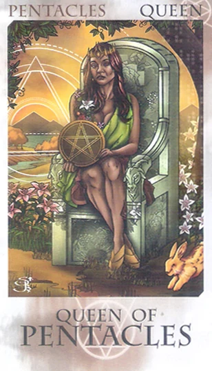 Queen of Pentacles card from the St. Jinx Tarot (St. Jinx Arcana) deck