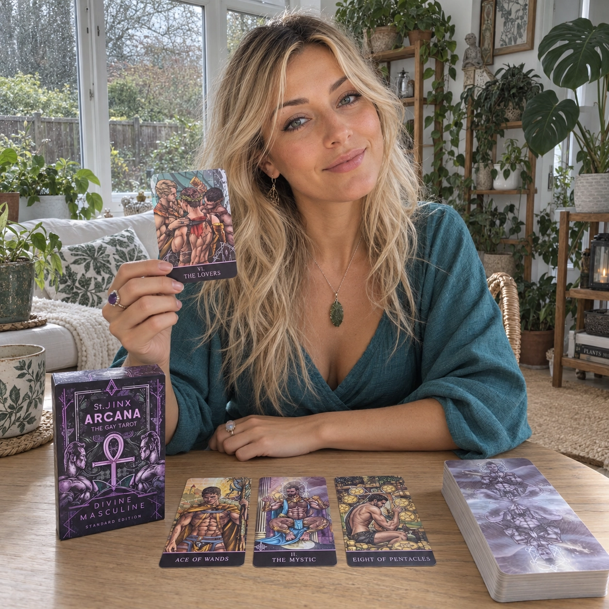 Aurica holding The Lovers from the current St. Jinx Arcana Standard Edition beside its box, three face-up cards and a separate stacked deck