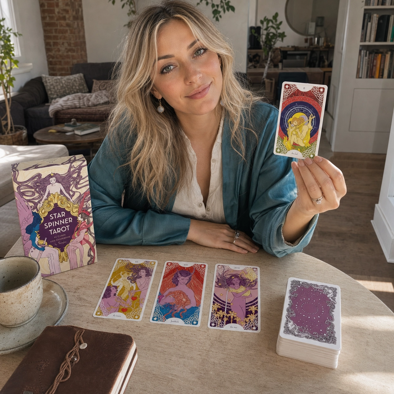Aurica presenting The Fool from Starspinner Tarot beside The Lovers, Fortitude, The Star, the deck box, and stacked cards