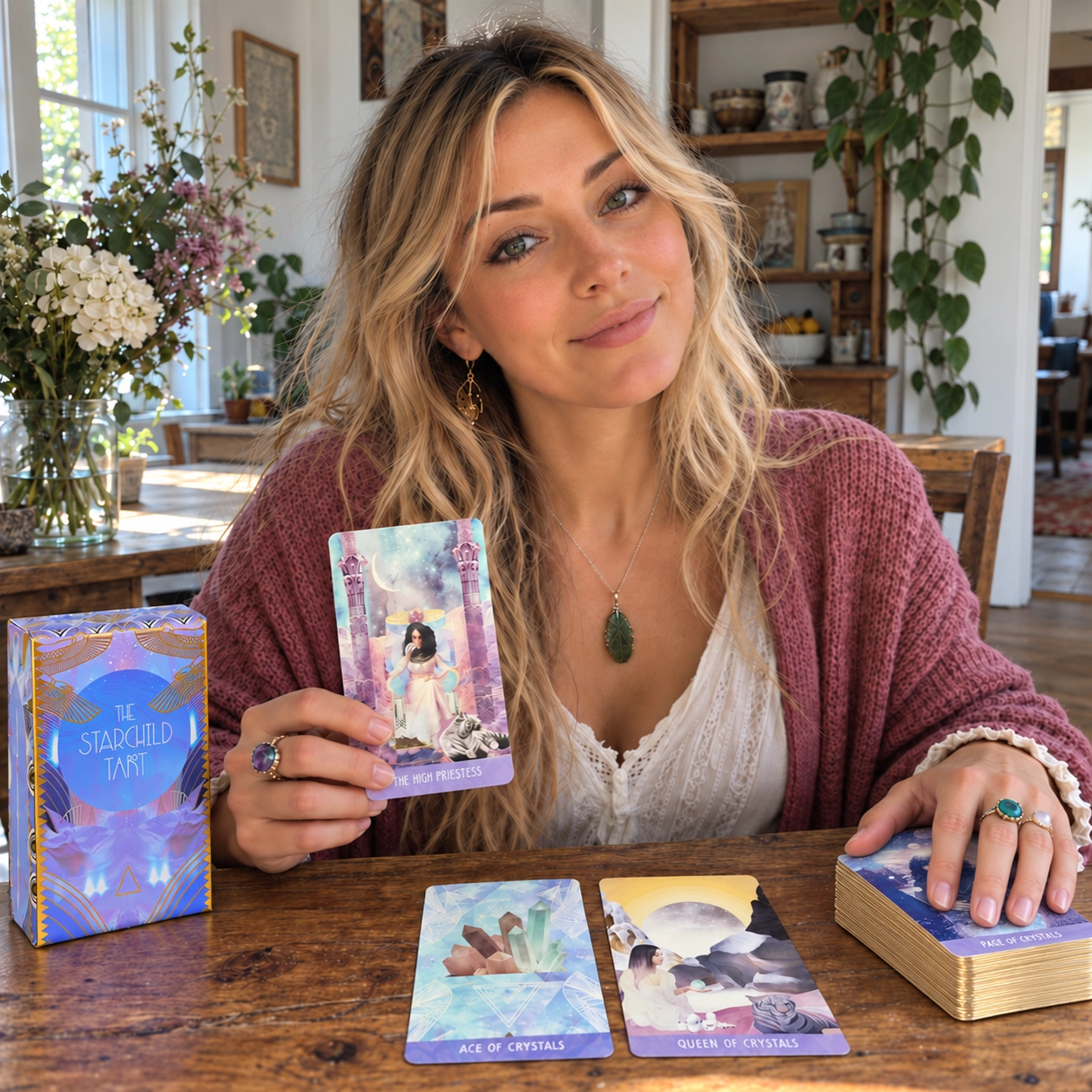 AI-generated editorial scene of Aurica presenting The High Priestess from Danielle Noel’s Starchild Tarot beside Ace of Crystals, Queen of Crystals, the purple-and-gold box and a separate gold-edged stack topped by Page of Crystals
