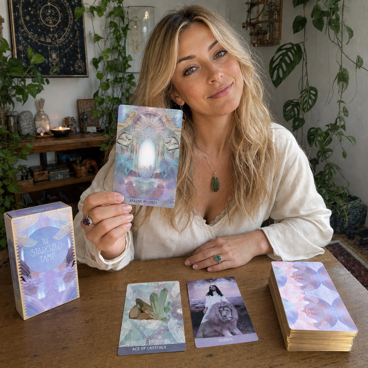 Aurica reading The Starchild Tarot Akashic, holding Akashic Records beside a two-card spread, deck box and stacked deck