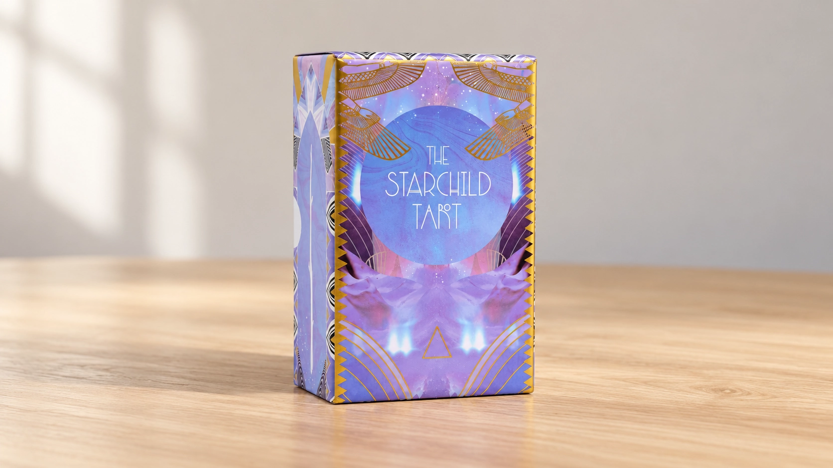 AI-generated editorial product scene of the user-confirmed purple-and-gold Starchild Tarot box alone on a plain wooden table