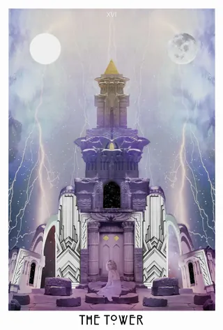 The Tower card from The Starchild Tarot Akashic by Danielle Noel