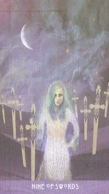 Nine of Swords card from The Starchild Tarot Akashic by Danielle Noel