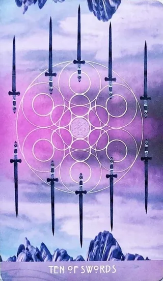 Ten of Swords card from The Starchild Tarot Akashic by Danielle Noel
