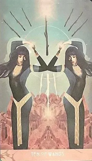 Ten of Wands card from The Starchild Tarot Akashic by Danielle Noel