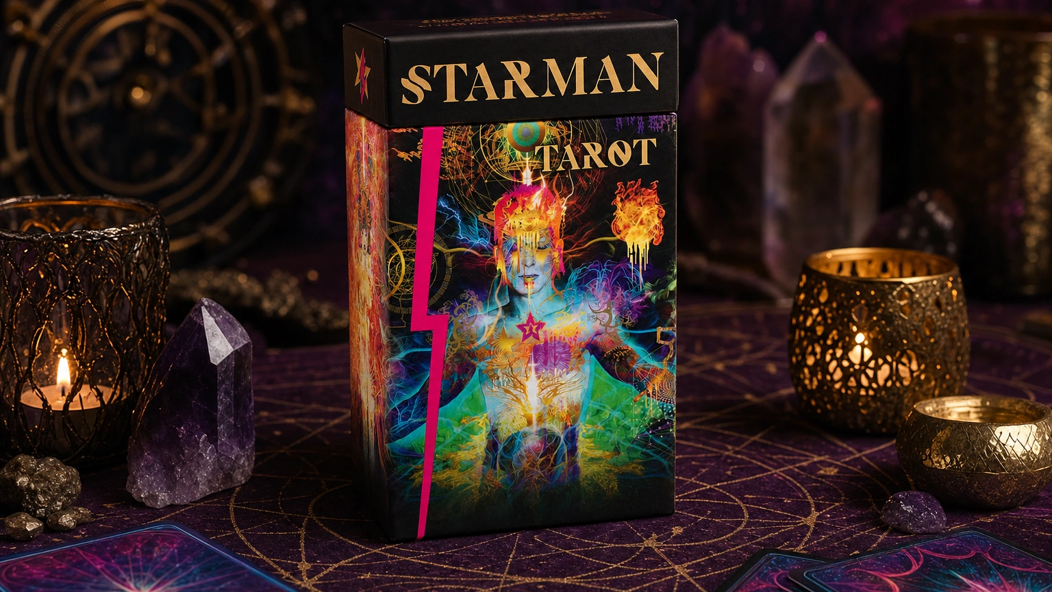 Starman Tarot product box in a psychedelic cosmic final CTA scene