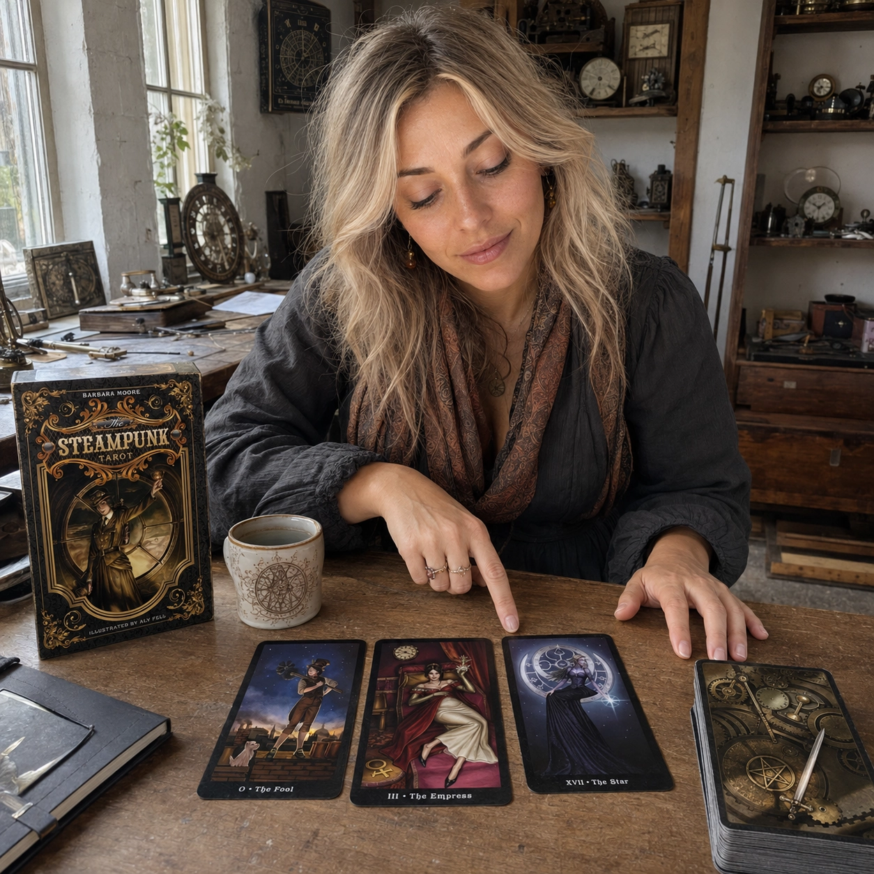 Aurica reading The Steampunk Tarot beside its box, a face-up spread, and the stacked deck