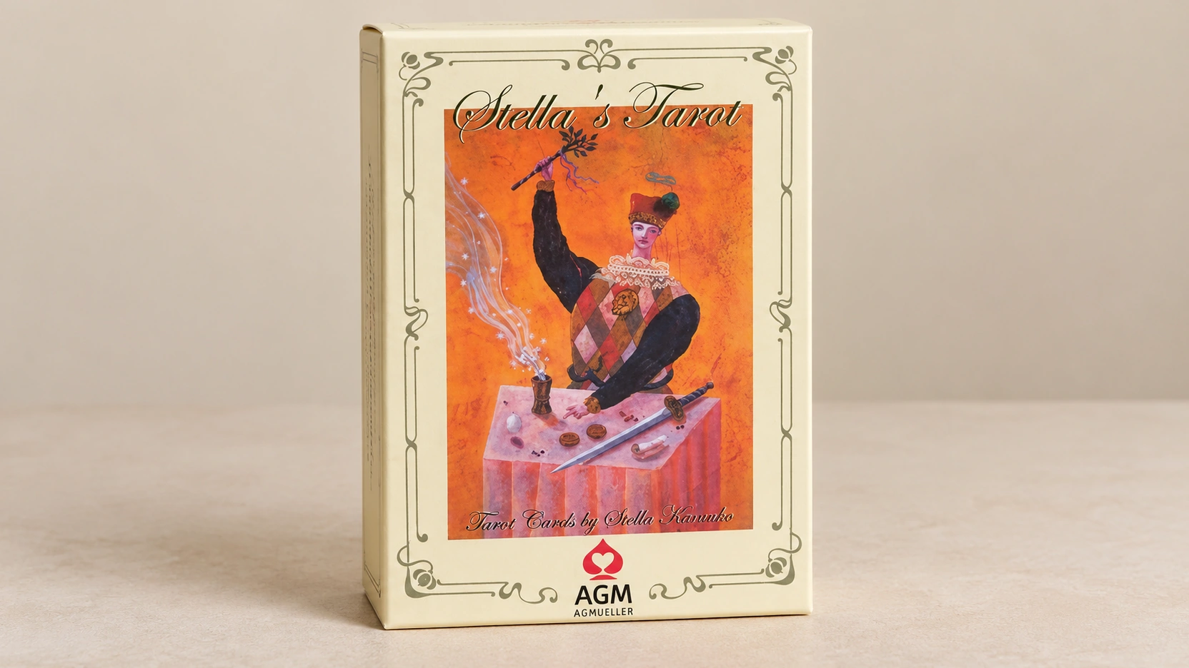 Generated product scene with one Stella Tarot box by Stella Kaoruko on a bare neutral table; no book, cards or other props