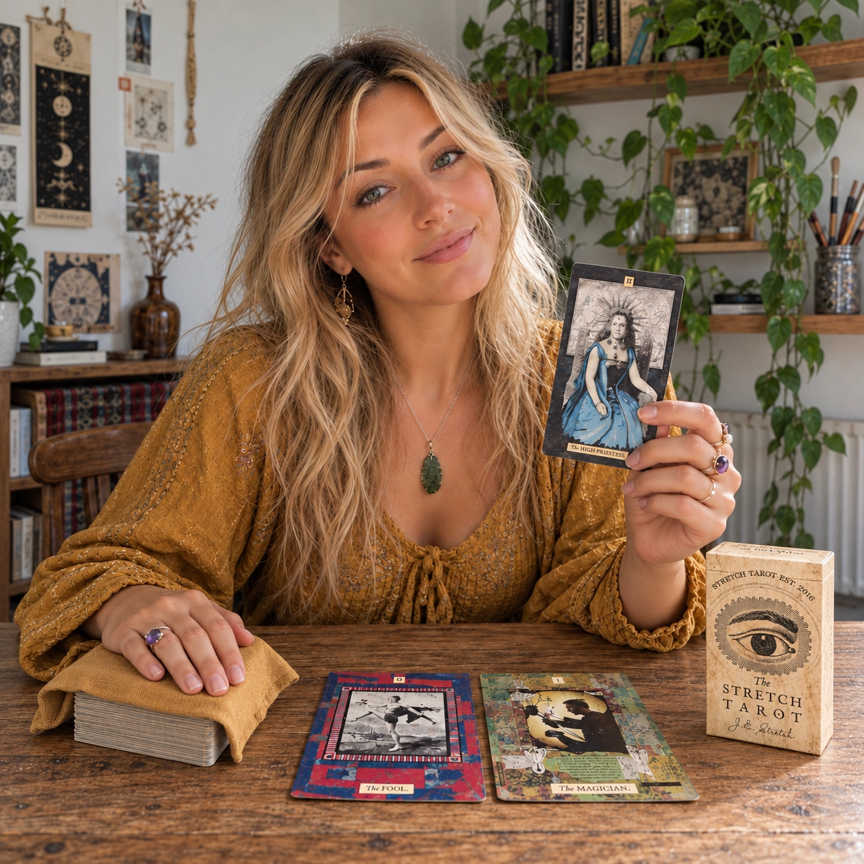 AI-generated editorial photo of Aurica presenting The High Priestess from Stretch Tarot by Joseph Stretch beside the tan-eye box, two face-up cards and a separate cloth-covered stacked deck