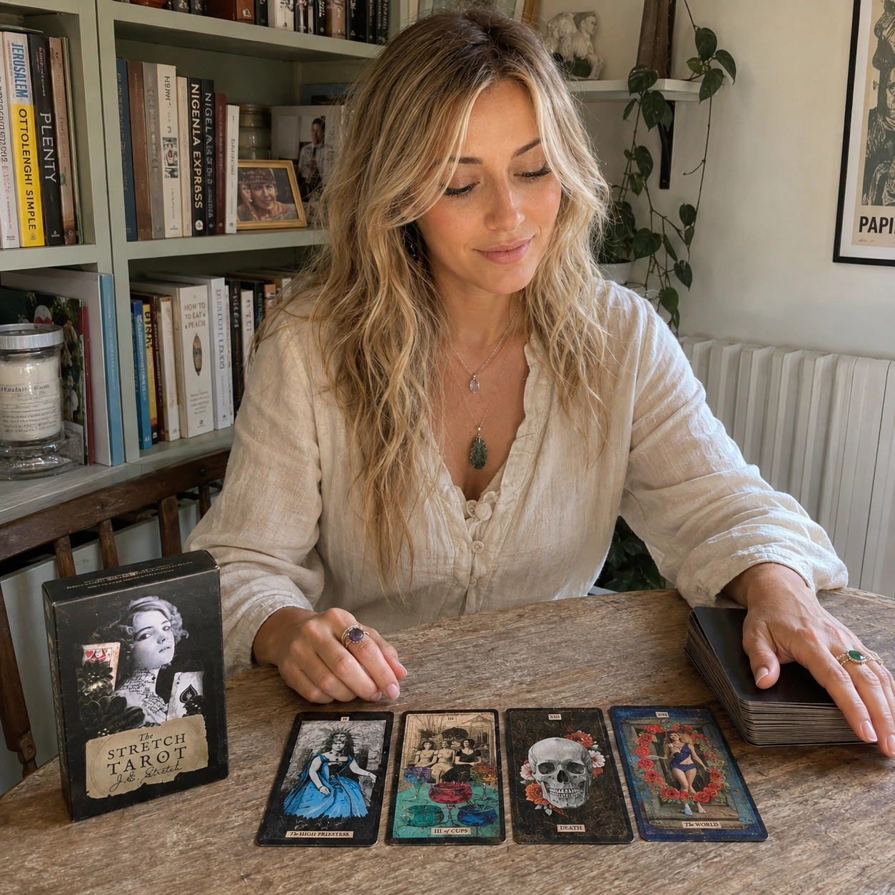 Aurica arranging The Stretch Tarot by Joseph Stretch beside the deck box, four face-up cards and a stacked remainder deck
