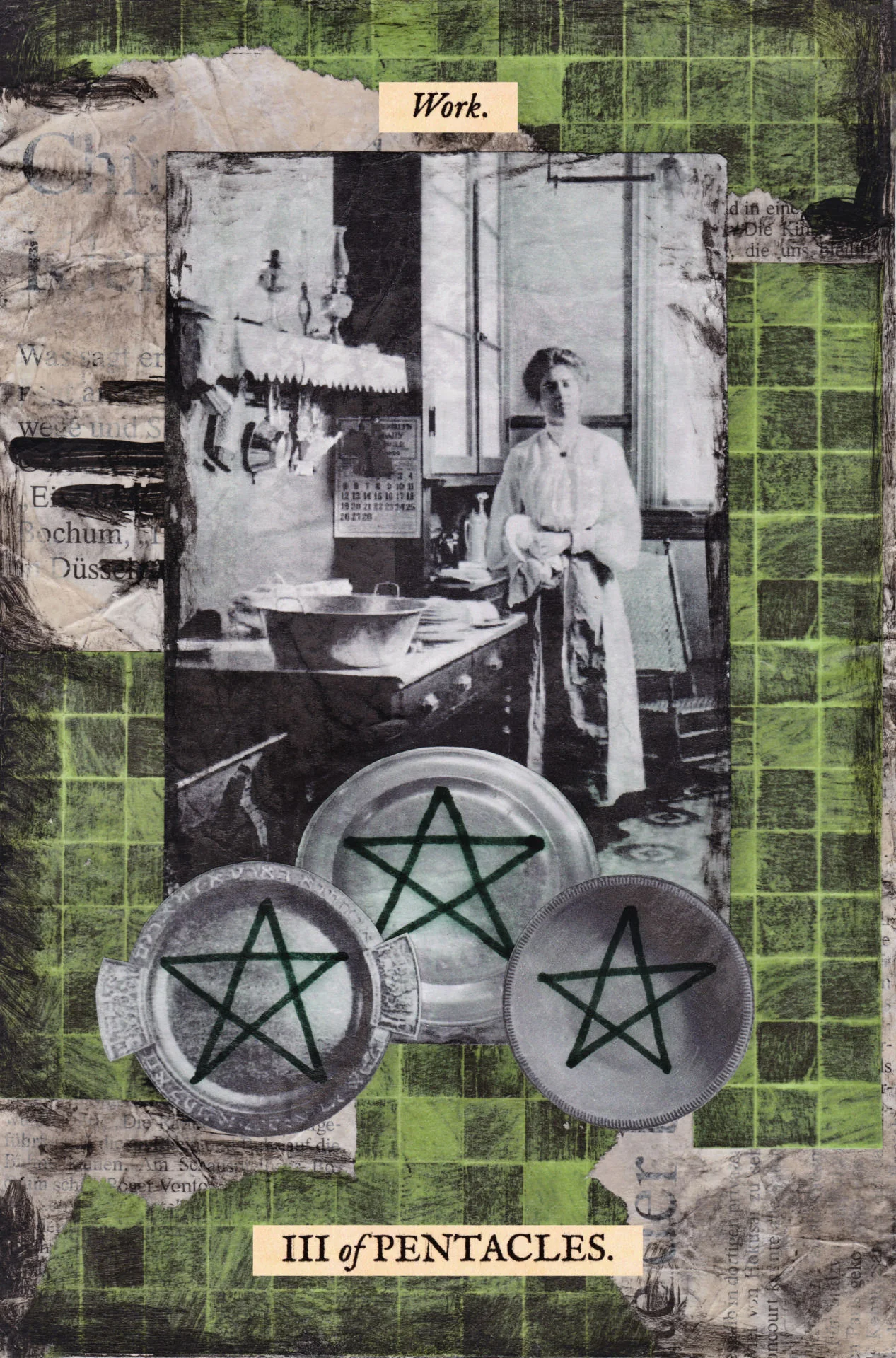 Three of Pentacles card from The Stretch Tarot by Joseph Stretch