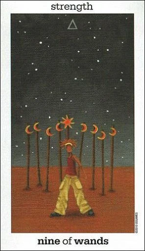 Nine of Wands card from the Sun and Moon Tarot deck by Vanessa Decort