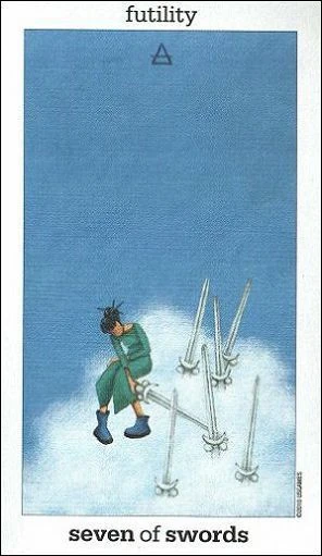 Seven of Swords card from the Sun and Moon Tarot deck by Vanessa Decort