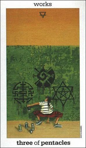 Three of Pentacles card from the Sun and Moon Tarot deck by Vanessa Decort