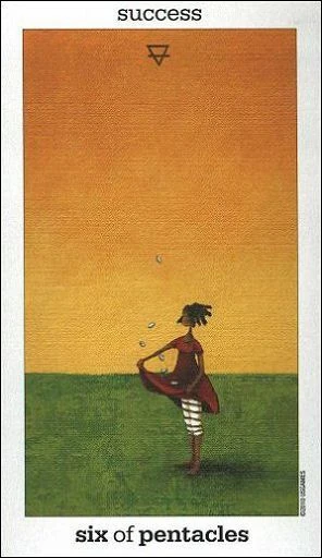 Six of Pentacles card from the Sun and Moon Tarot deck by Vanessa Decort