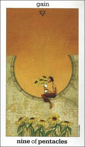 Nine of Pentacles card from the Sun and Moon Tarot deck by Vanessa Decort
