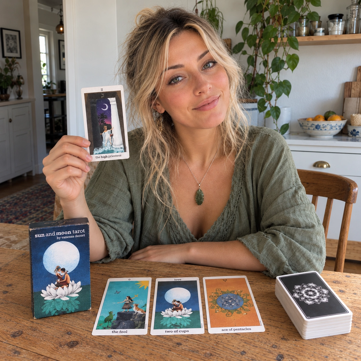 Aurica presenting The High Priestess from Sun and Moon Tarot beside its box, three-card spread and separate stacked deck