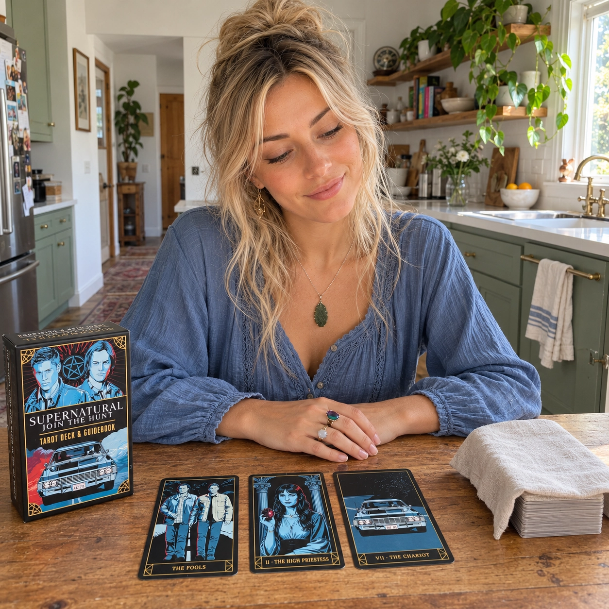 AI-generated editorial illustration of Aurica studying the licensed Supernatural Tarot by Minerva Siegel and Matthew Skiff, with its box, retail card spread and a separate covered deck stack