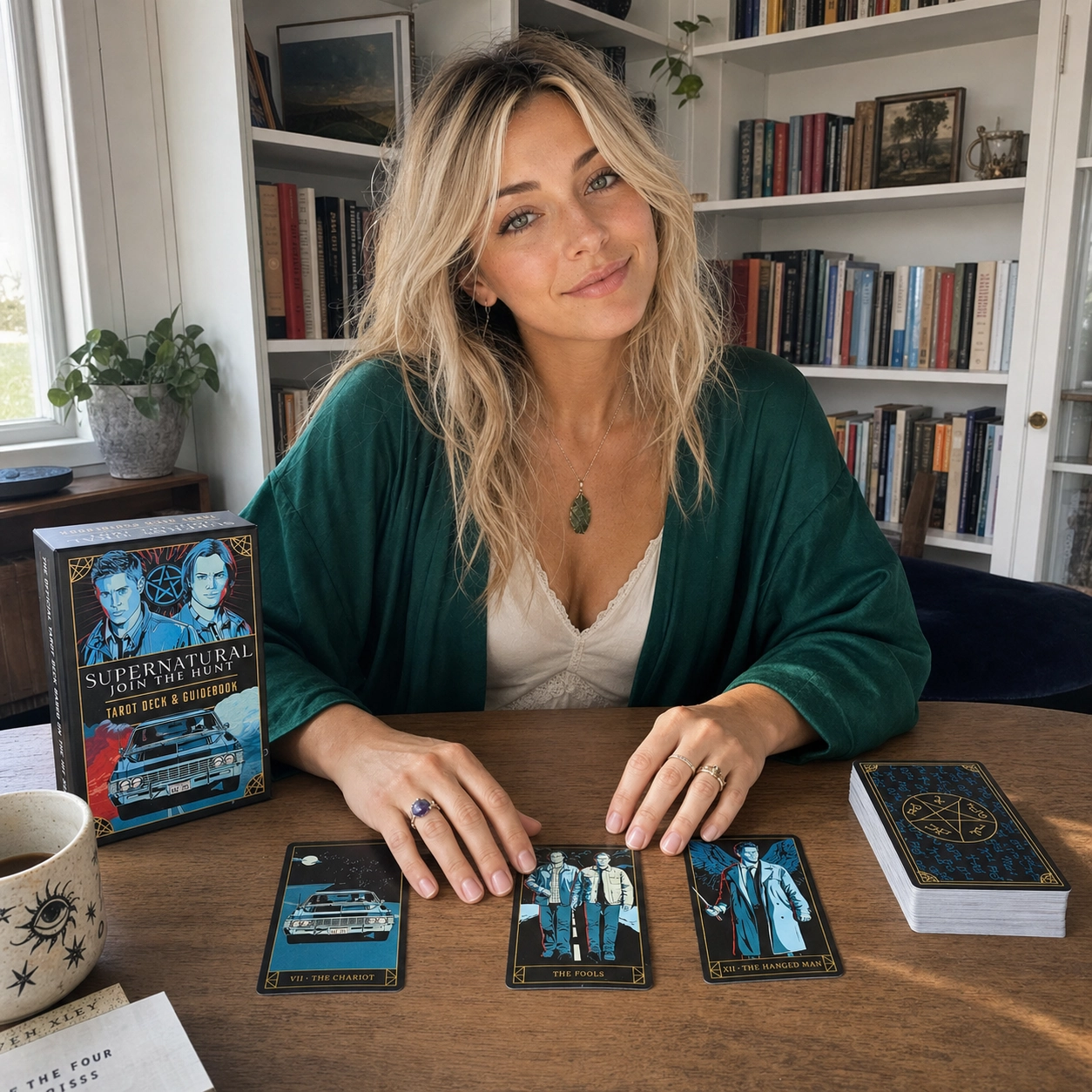 Aurica arranging three cards from the published Supernatural Tarot deck beside its box and stacked deck