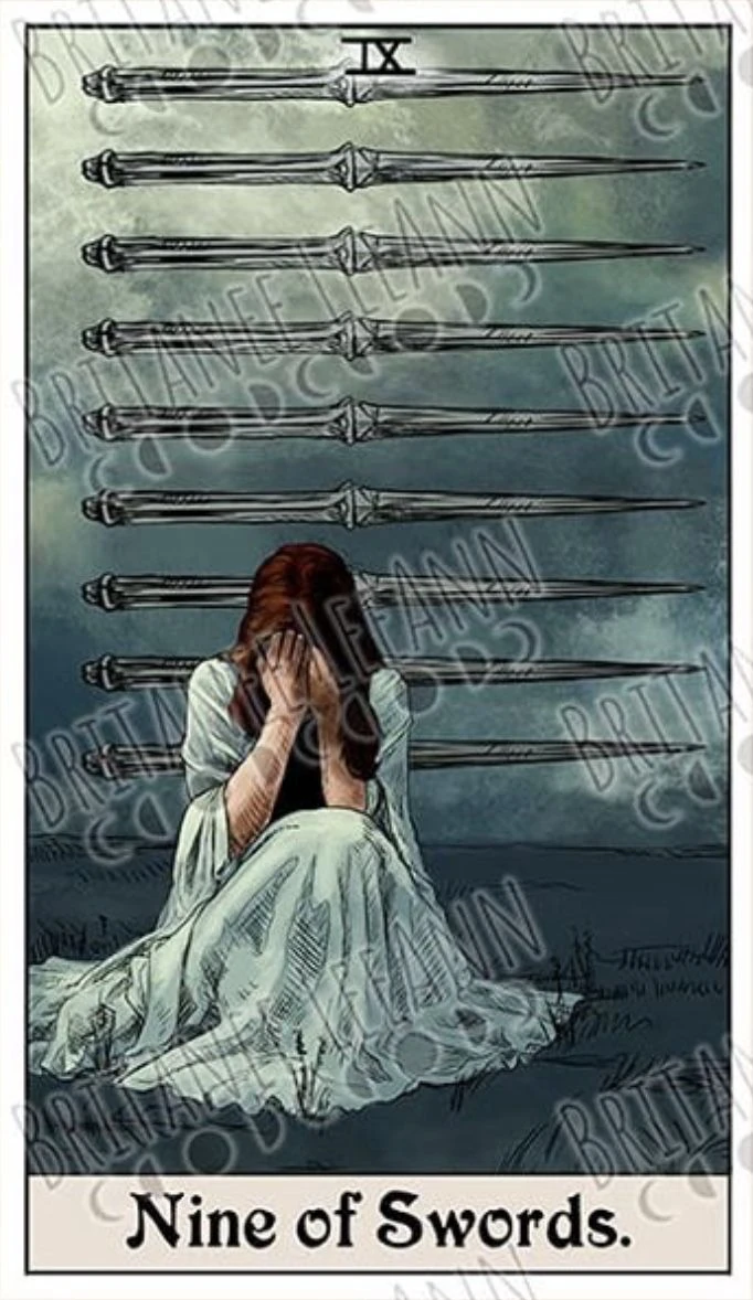 Nine of Swords card from the Supernatural Tarot artwork set by Britanee LeeAnn